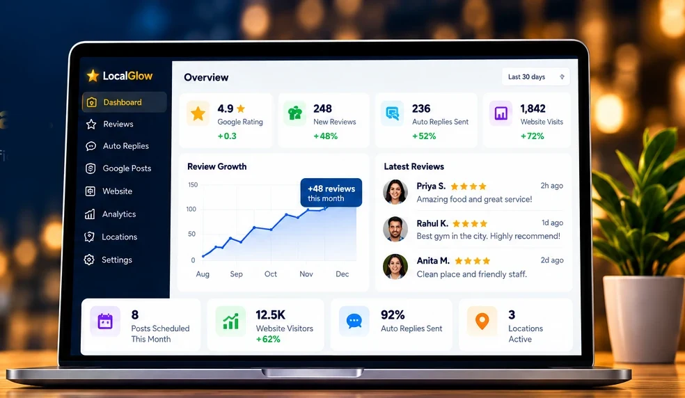 Laptop showing the LocalGlow dashboard: rating, new reviews, auto replies, website visits and review growth